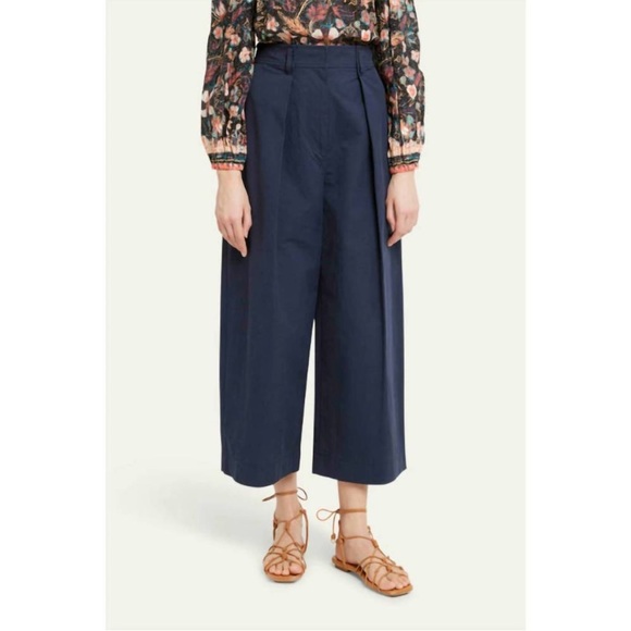 Ulla Johnson Emery Wide Leg Cropped Cotton Pant Navy Blue Women Sz 0